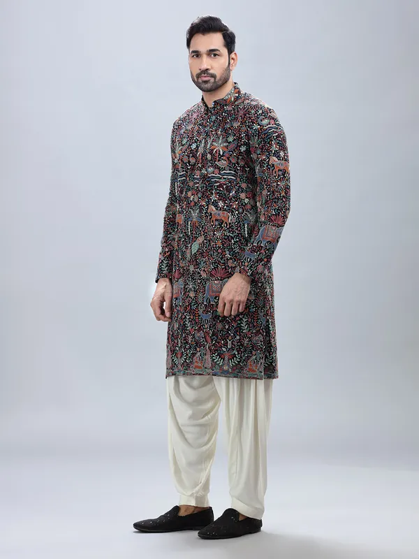 Navy georgette embroidery kurta set for men