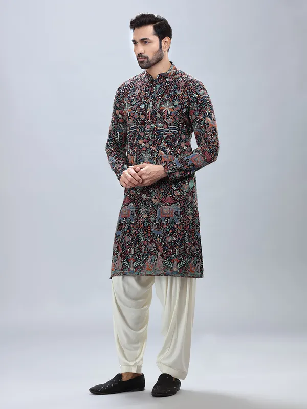Navy georgette embroidery kurta set for men
