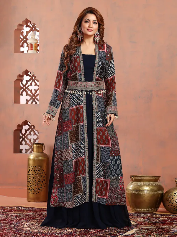 Navy georgette floor length suit with shrug