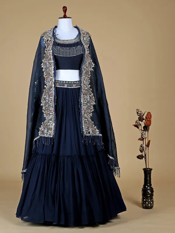 Navy georgette lehenga choli with cape