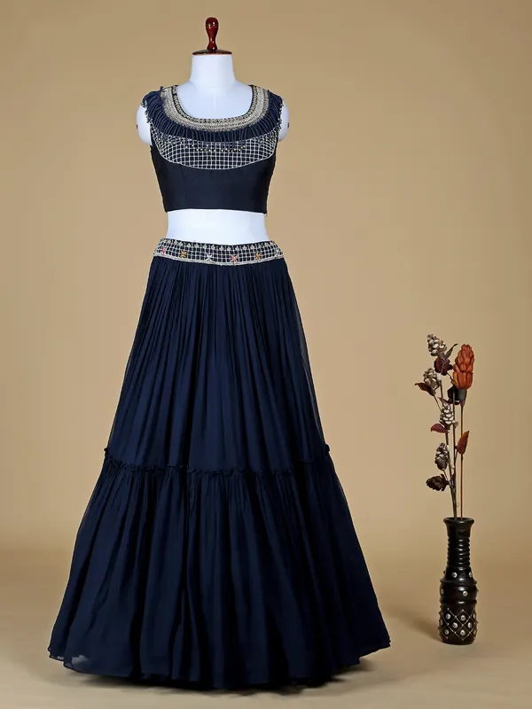 Navy georgette lehenga choli with cape