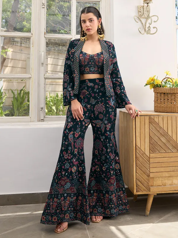 Navy georgette palazzo suit with embroidery