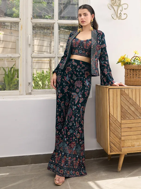 Navy georgette palazzo suit with embroidery