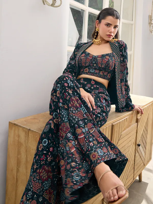 Navy georgette palazzo suit with embroidery