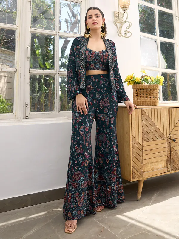 Navy georgette palazzo suit with embroidery
