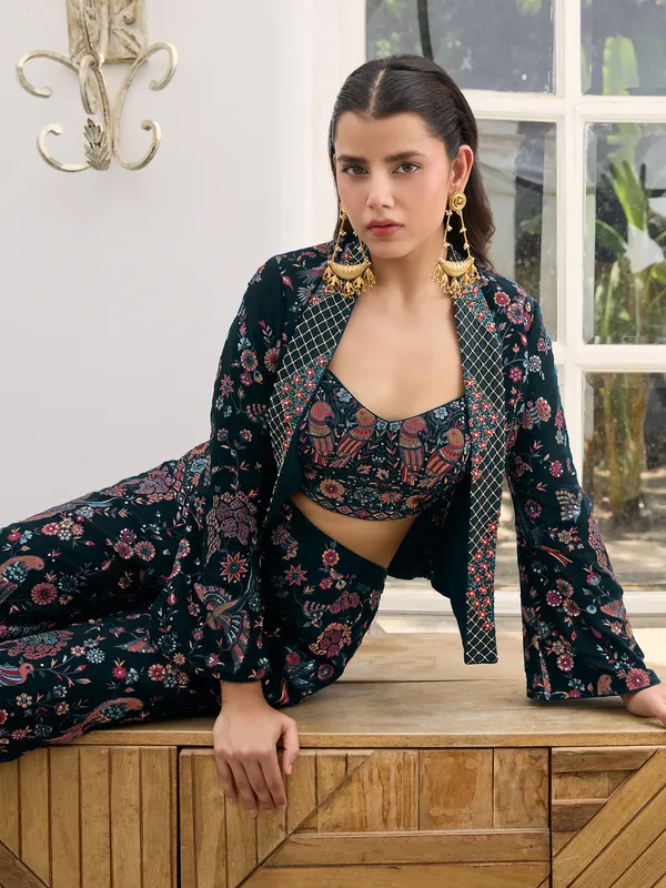 Navy georgette palazzo suit with embroidery