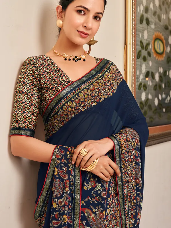 Navy gorgette saree with print