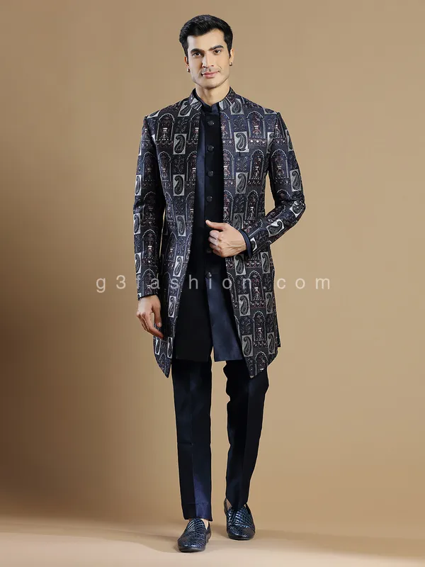 Navy hue reception look silk indowestern
