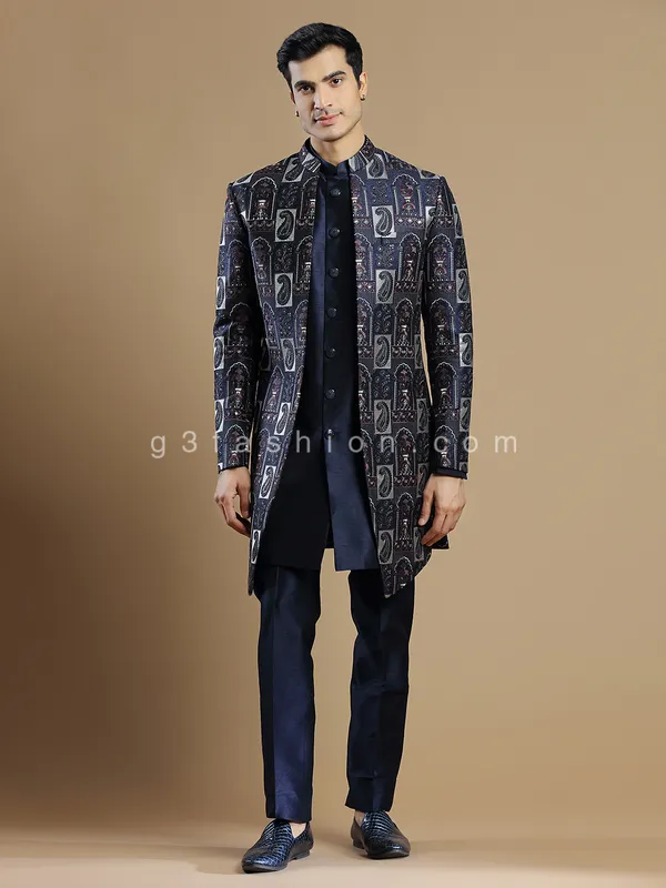 Navy hue reception look silk indowestern