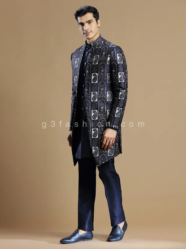 Navy hue reception look silk indowestern