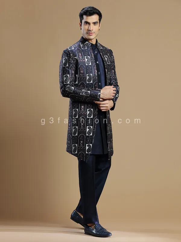 Navy hue reception look silk indowestern