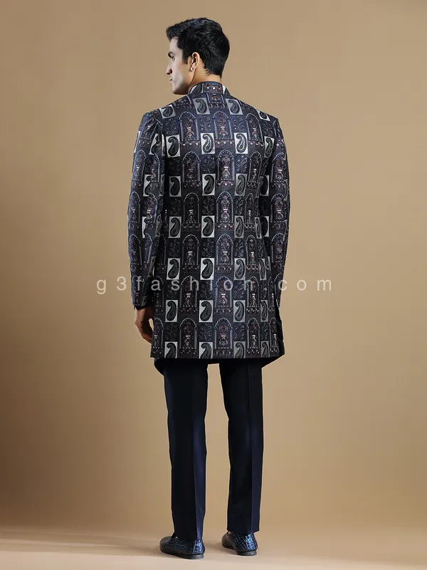 Navy hue reception look silk indowestern