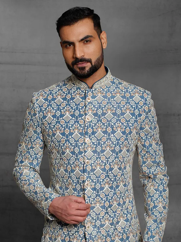 Blue hued silk sherwani for wedding