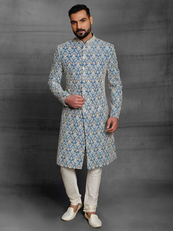Blue hued silk sherwani for wedding