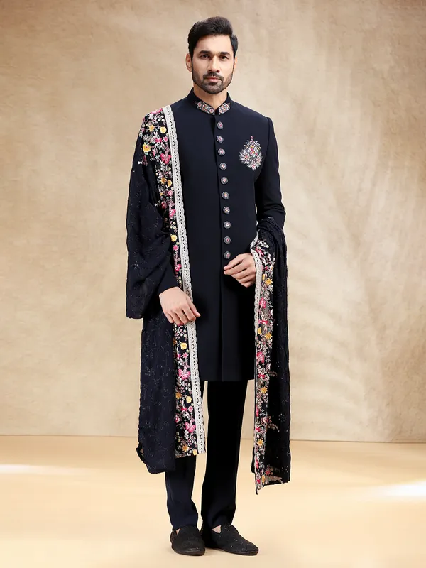 Navy indowestern set in terry rayon with dupatta