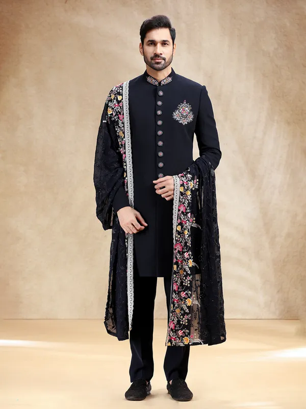 Navy indowestern set in terry rayon with dupatta