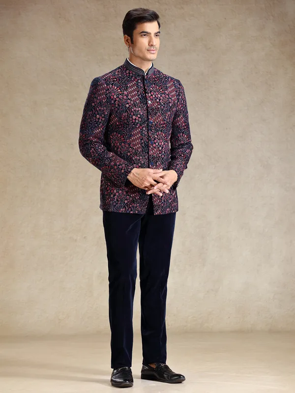 Navy jodhpuri suit in multi color embroidery