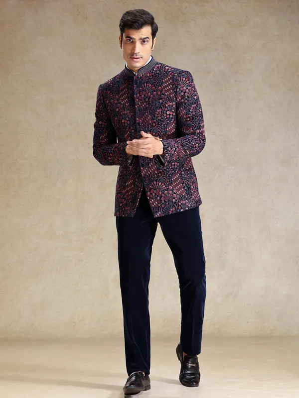 Navy jodhpuri suit in multi color embroidery