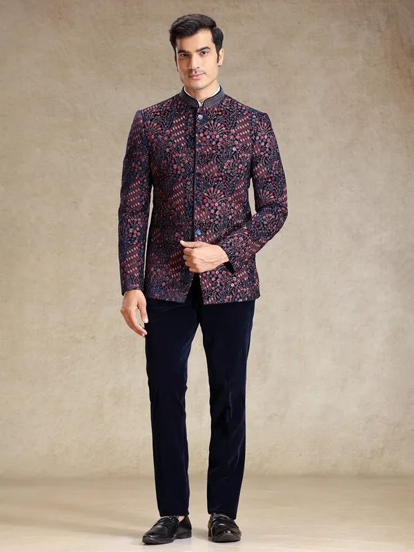 Navy jodhpuri suit in multi color embroidery