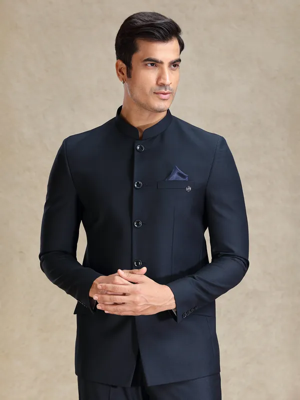 Navy jodhpuri suit in soft terry rayon