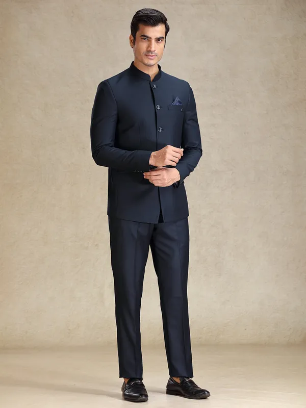 Navy jodhpuri suit in soft terry rayon