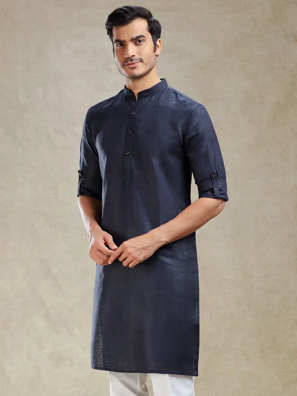 Navy linen kurta for festive wear for mens