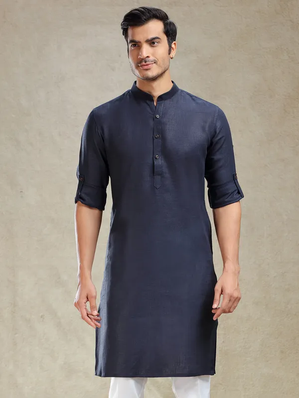 Navy linen kurta for festive wear for mens