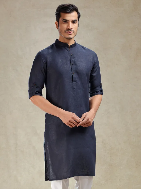 Navy linen kurta for festive wear for mens