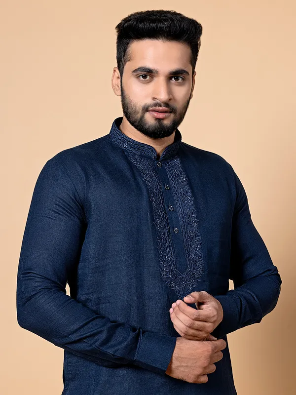 Navy linen kurta suit for festive