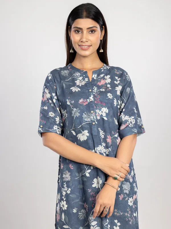 Navy linen printed kurti for casual