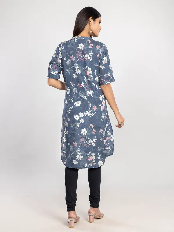 Navy linen printed kurti for casual