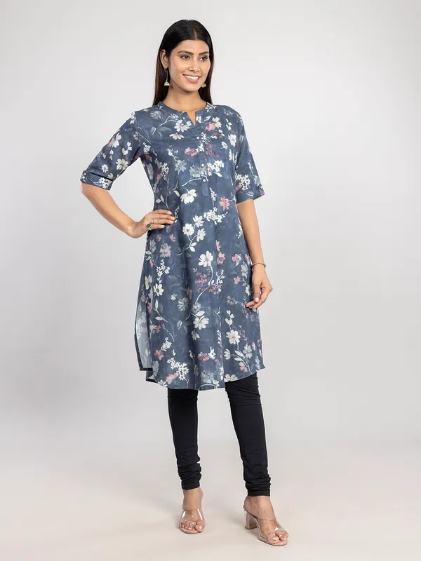 Navy linen printed kurti for casual
