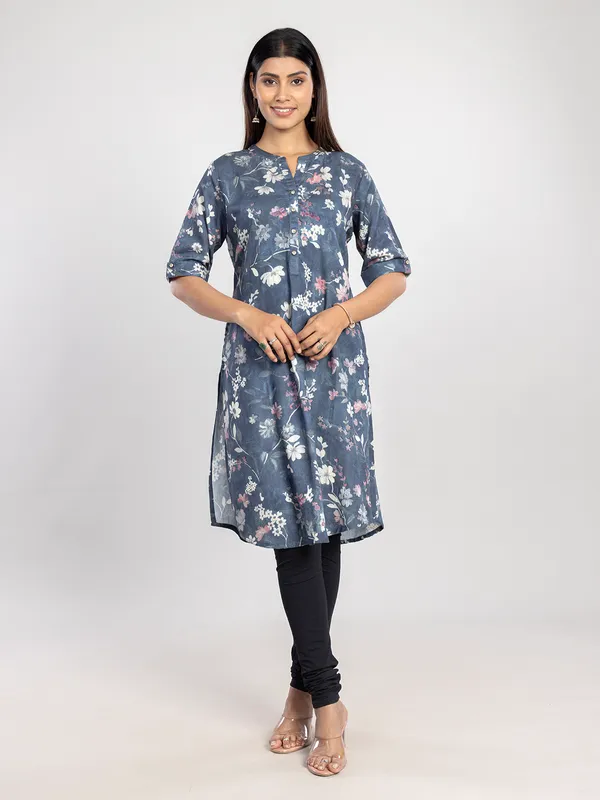Navy linen printed kurti for casual
