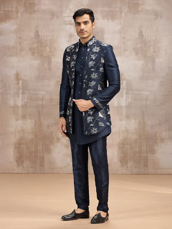 Navy long waistcoat set for mens wedding wear