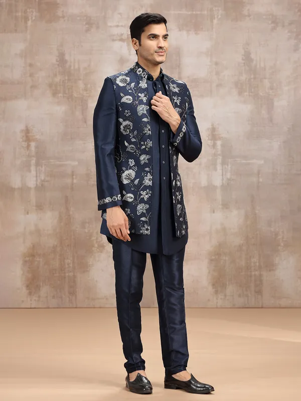 Navy long waistcoat set for mens wedding wear