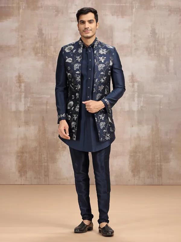 Navy long waistcoat set for mens wedding wear