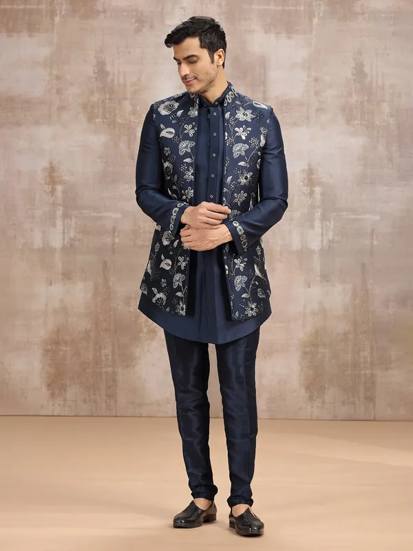 Navy long waistcoat set for mens wedding wear