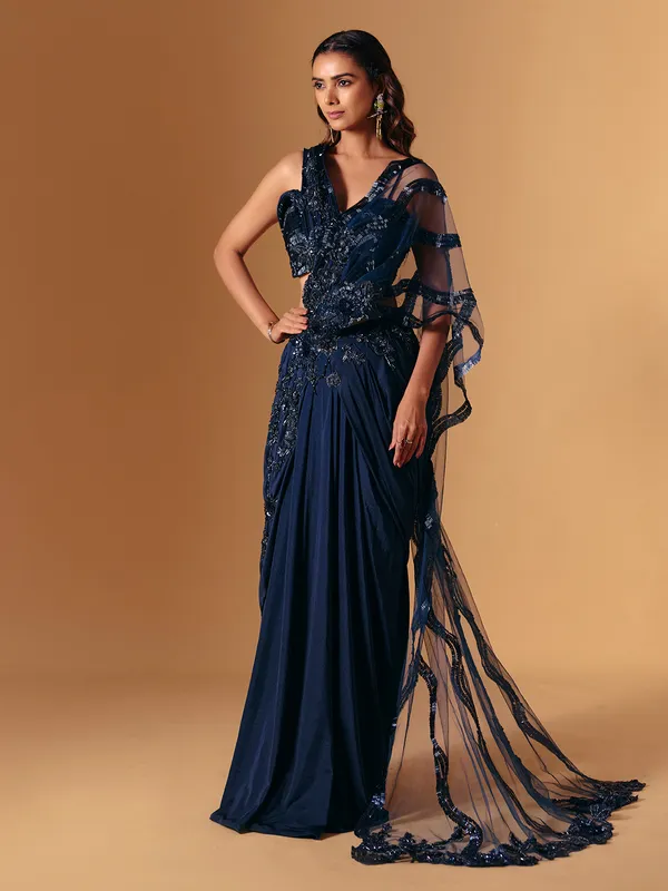 Navy lycra designer saree with cutdana work