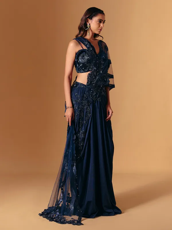 Navy lycra designer saree with cutdana work