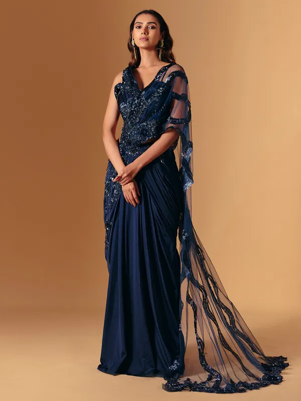 Navy lycra designer saree with cutdana work