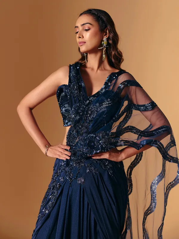 Navy lycra designer saree with cutdana work