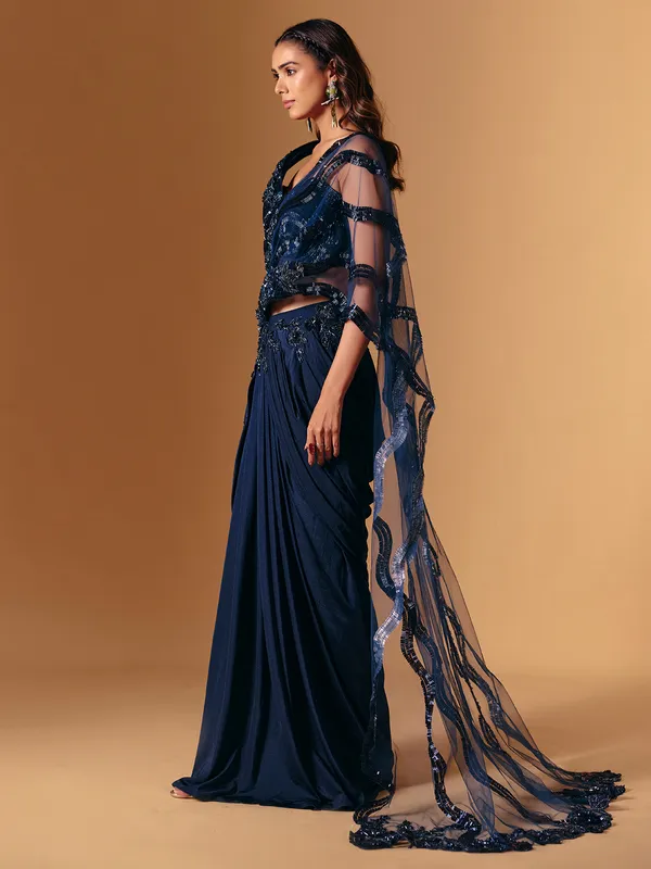 Navy lycra designer saree with cutdana work