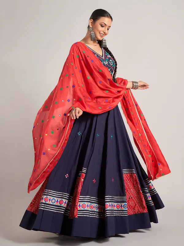 Navy navratri silk chaniya choli with V neck