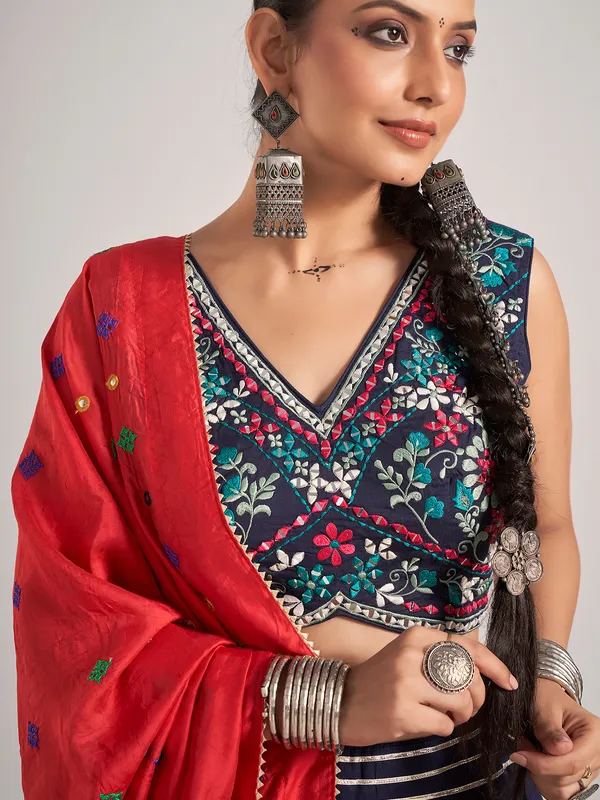 Navy navratri silk chaniya choli with V neck