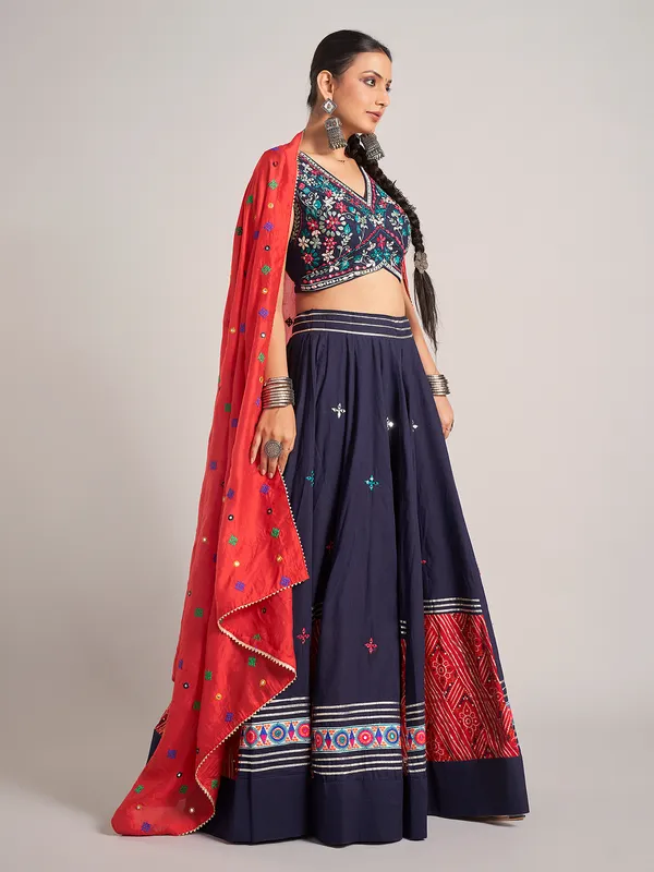 Navy navratri silk chaniya choli with V neck