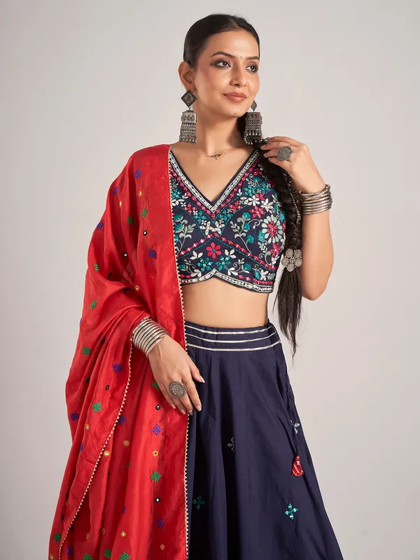 Navy navratri silk chaniya choli with V neck