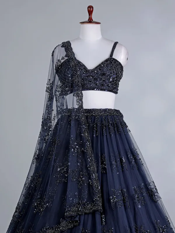 Navy net lehenga choli with pearls and beads work