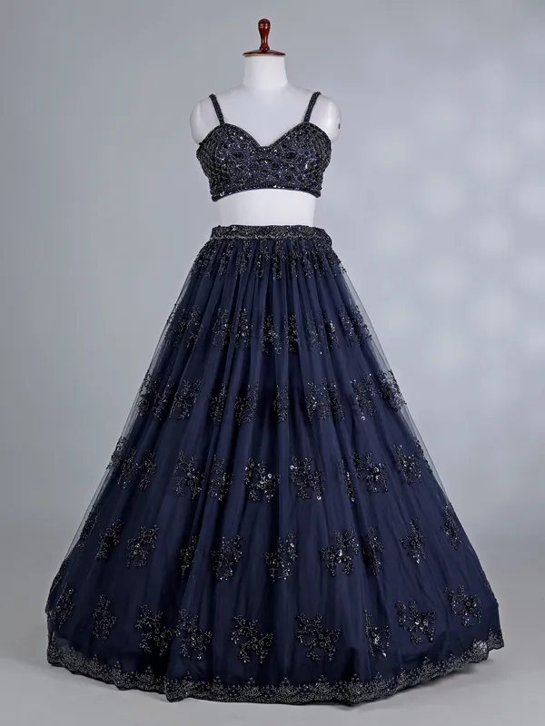 Navy net lehenga choli with pearls and beads work