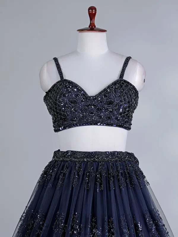 Navy net lehenga choli with pearls and beads work