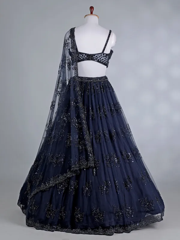Navy net lehenga choli with pearls and beads work